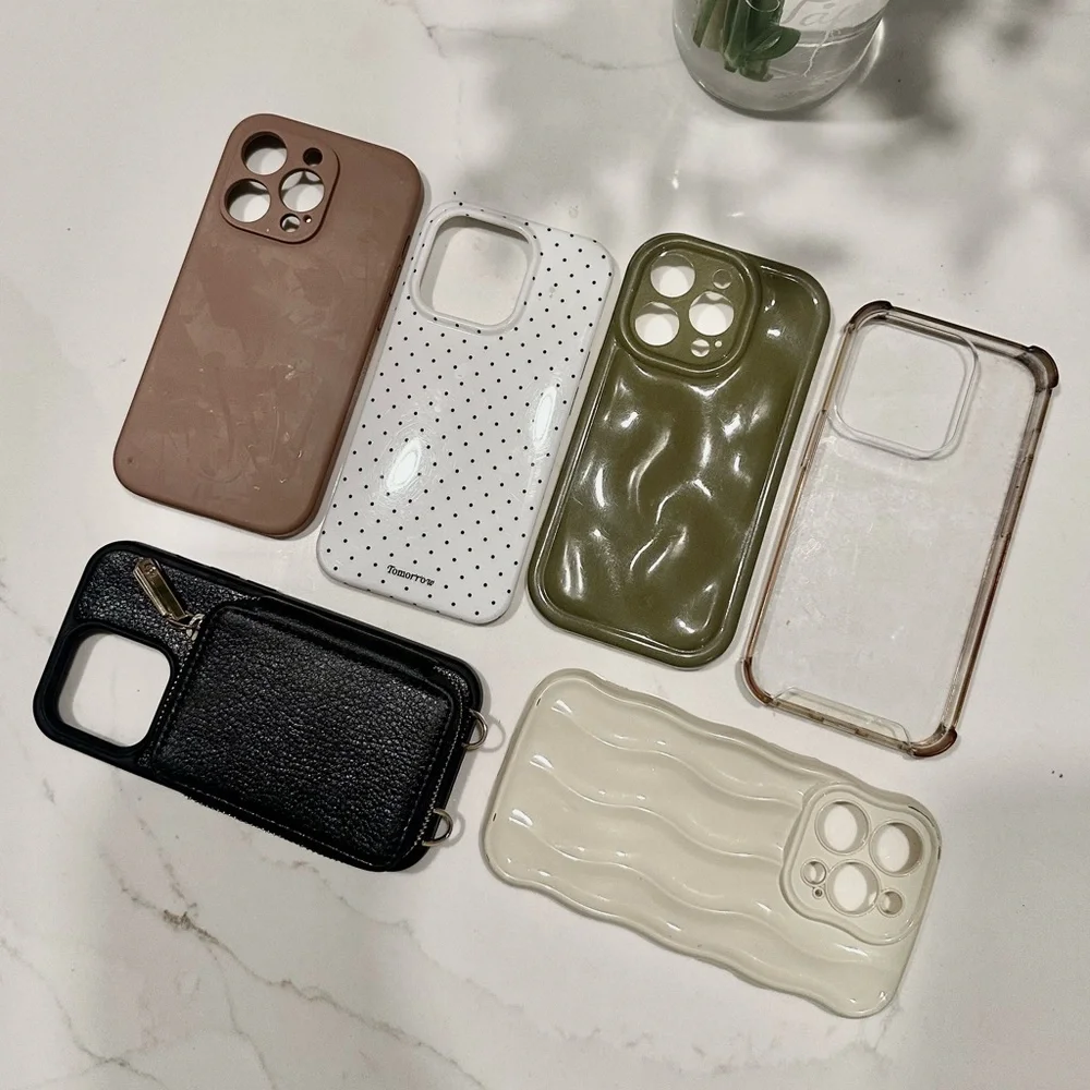 iPhone 14 Pro Cases 6 Phone Case Set - Black Wallet White Polka Dot Soft Brown
